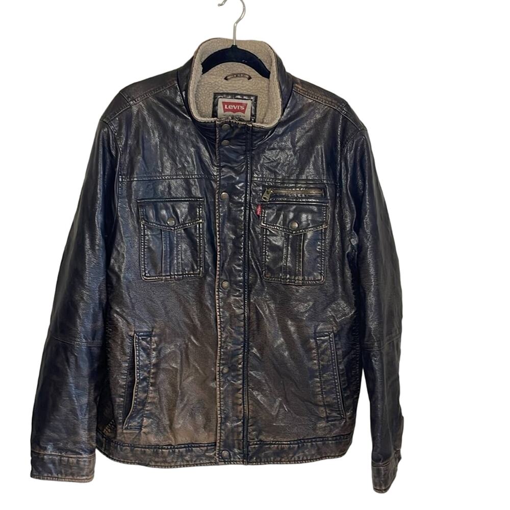 Levi’s Faux Leather Brown Sherpa Lined Jacket Coat Men’s Size XL Distressed